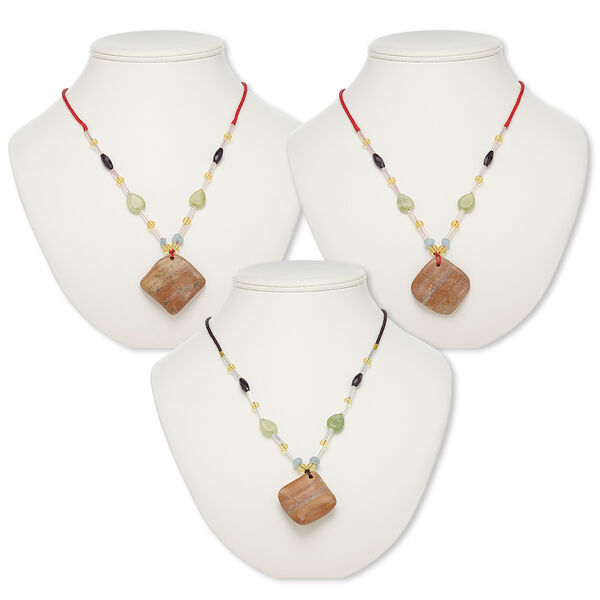 Multi-gemstone / acrylic / glass 1pkg3, wavy diamond pendant necklace C grade, mix continuous loop 20-24 inch 41x41mm-42x42mm image number 0