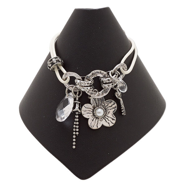Bracelet, acrylic / plastic / antique silver-plated copper / steel / "pewter" (zinc-based alloy), cream and clear, 7 inches with 2-1/2 inch extender chain and lobster claw clasp. Sold individually. image number 0