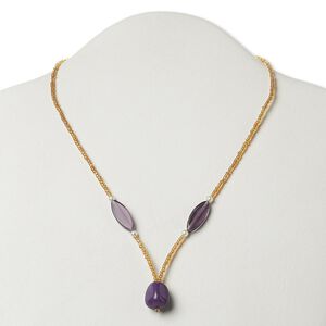 Multi-gemstone / glass / "pewter" (zinc-based alloy) 1pkg1, AB silver-finished / antique gold-finished tumbled nugget necklace 17 inch / lobster claw clasp small