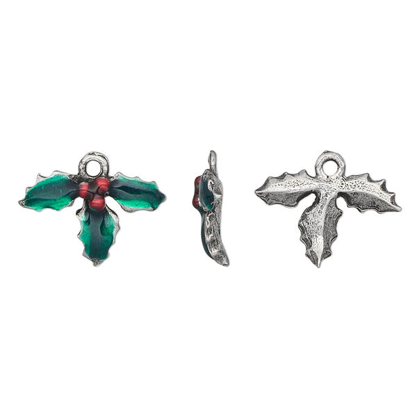 Charm, pewter (tin-based alloy) and enamel, pkg/1, green and red, 16x12mm holly leaves with berries. image number 0