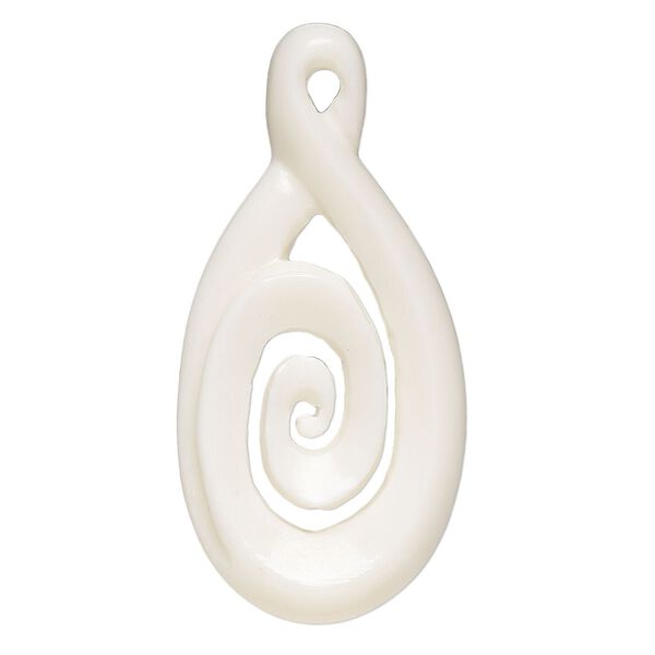 Focal, bone (bleached), 43x21mm hand-cut single-sided carved teardrop with swirl, Mohs hardness 2-1/2. Sold individually. image number 0