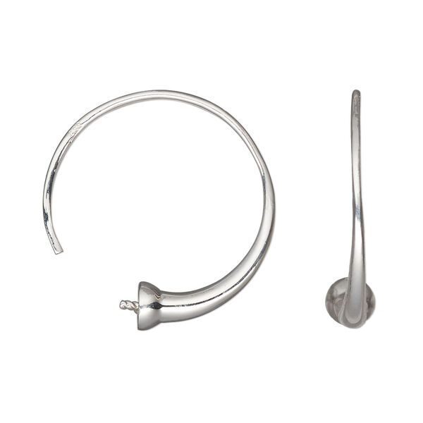 Hoop, sterling silver, 25mm with cup and peg, fits 6-8mm half-drilled bead, 18 gauge. Sold per pair. image number 0