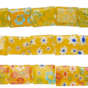Bead mix, millefiori glass, translucent yellow / orange / multicolored, 10x12mm puffed rectangle with flower design. Sold per pkg of (3) 14-inch strands.