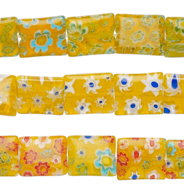 Bead mix, millefiori glass, translucent yellow / orange / multicolored, 10x12mm puffed rectangle with flower design. Sold per pkg of (3) 14-inch strands. image number 0