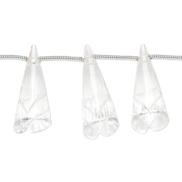 Bead, quartz crystal (natural), 18x8mm-24x10mm graduated hand-cut top-drilled carved cone flower, B+ grade, Mohs hardness 7. Sold per pkg of 5 beads. image number 0