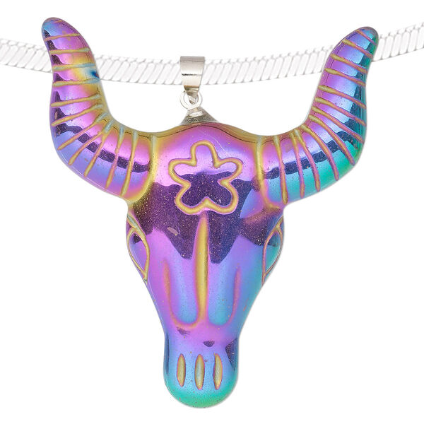 Hemalyke™ / brass 1pkg1, electroplated silver-finished 1-sided steer pendant 47x41mm image number 0