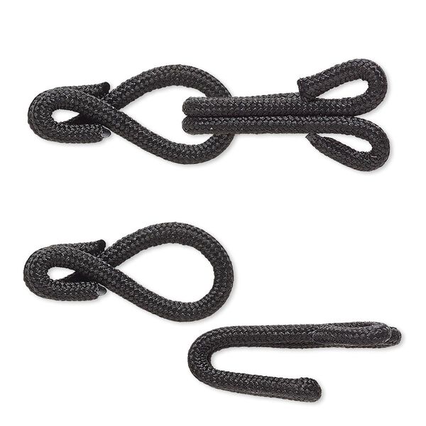 Clasp, hook-and-eye, nylon and "pewter" (zinc-based alloy), black, 32x12mm. Sold Individually. image number 0