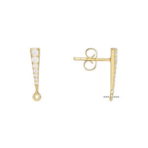 Earstud 1pkg2 sterling silver / cubic zirconia, 14x3mm point / closed loop / earnuts, gold-finished / clear 1 pair