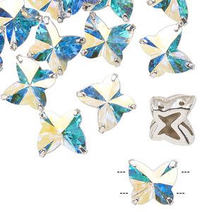 Sew-on 1pk crystal AB silver plate, Preciosa Czech crystal 10mm spacer butterfly