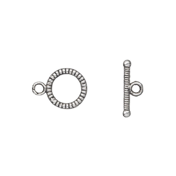 Clasp, toggle, antique silver-plated "pewter" (zinc-based alloy), 10mm double-sided lined round. Sold per pkg of 20. image number 0