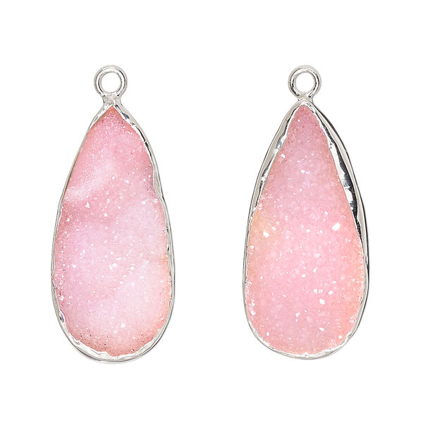 Drop, druzy agate (dyed) and sterling silver, pink, 27x12mm single-sided teardrop. Sold per pkg of 2. image number 0