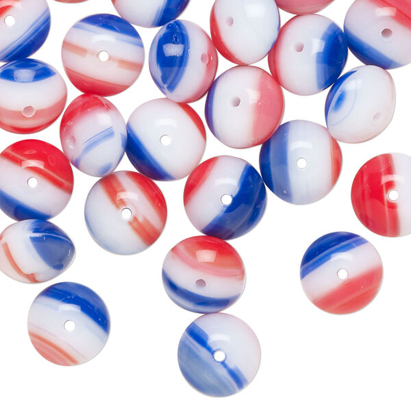 Bead, pressed glass, opaque red / white / blue, 9x6mm rondelle with stripes. Sold per pkg of 50. image number 0