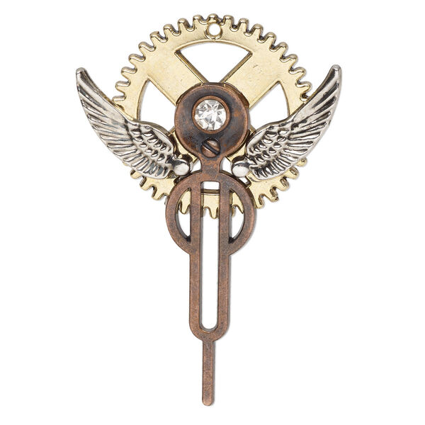 Focal, glass / antique gold- / copper- / silver-finished "pewter" (zinc-based alloy), clear, 2-1/2 x 1-1/2 inch single-sided gear angel. Sold individually. image number 0