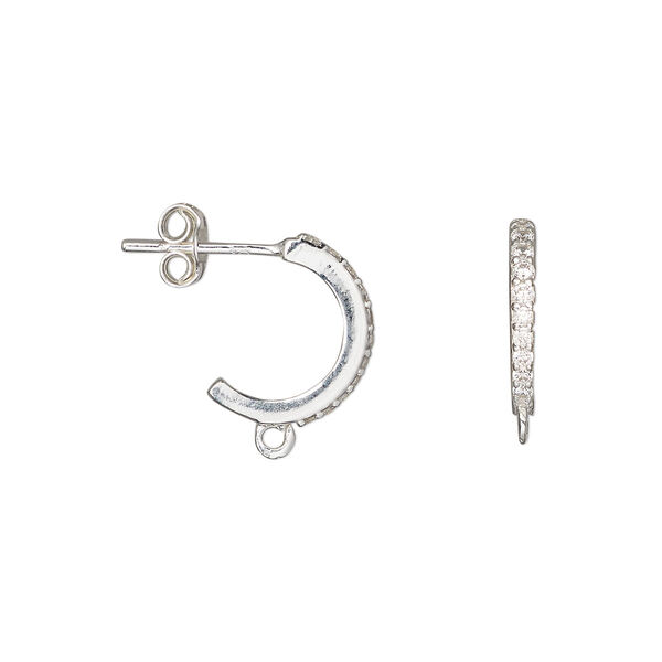 Earstud, sterling silver and cubic zirconia, clear, 13mm half hoop with closed loop. Sold per pair. image number 0
