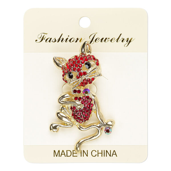 Brooch, glass rhinestone and gold-finished "pewter" (zinc-based alloy), multicolored, 55x32mm cat. Sold individually. image number 0