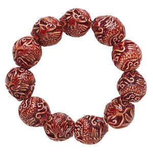 Bracelet, stretch, resin, red/brown, 20x18mm double-sided oval with dragon and phoenix, 6-1/2 inches. Sold individually.
