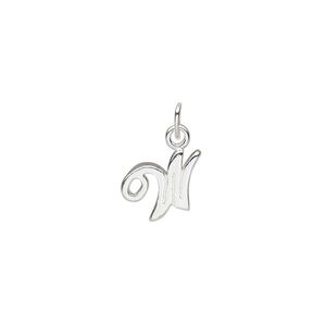 Charm, sterling silver, 12x8mm Champagne cursive alphabet letter "W." Sold individually.