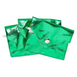 Pouch, metallic nylon, green, 3x2.5-inches with snap and zipper. Sold per pkg of 3.