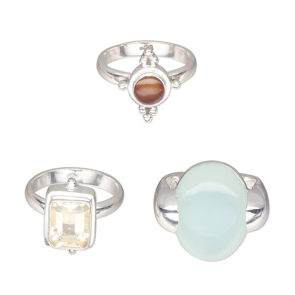 Ring mix, Create Compliments®, multi-gemstone (natural / dyed / heated / irradiated) / glass / sterling silver, multicolored, 2-16mm wide, size 7 to 7-1/2. Sold per pkg of 3. image number 0