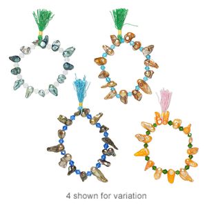 Bracelet, stretch, cultured freshwater pearl (bleached / dyed) / glass / nylon, multicolored, 6-25mm wide with tassel, 7 inches. Sold individually.