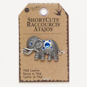 Focal, antique silver-finished brass / enamel / glass, blue and white, 41x28mm elephant. Sold individually.