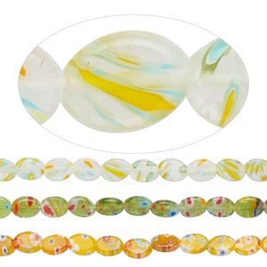 Bead mix, millefiori glass, translucent white / green / yellow and multicolored, 8x6mm puffed oval with flower design. Sold per pkg of (3) 14-inch strands, approximately 155 beads.