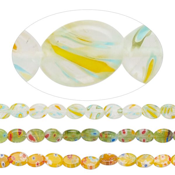 Bead mix, millefiori glass, translucent white / green / yellow and multicolored, 8x6mm puffed oval with flower design. Sold per pkg of (3) 14-inch strands, approximately 155 beads. image number 0