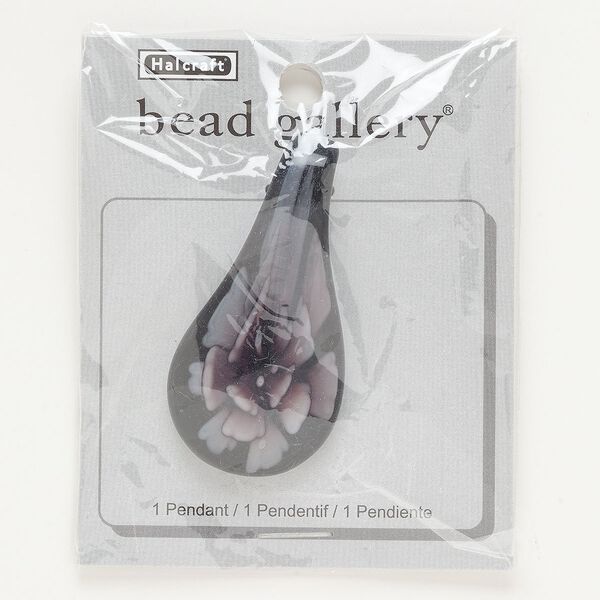 Focal, lampworked glass, black and purple, 56x29mm-58x32mm spoon with flower. Sold individually. image number 0