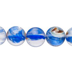 Bead, lampworked glass, translucent blue / white / orange, 14mm round with silver-colored foil. Sold per 8-inch strand, approximately 15 beads.
