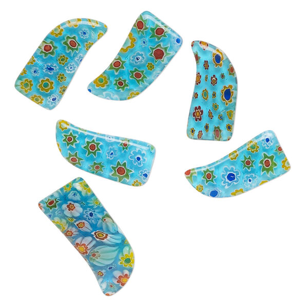 Component, millefiori glass, translucent aqua and multicolored, 24x11mm-31x14mm undrilled talon. Sold per pkg of 6. image number 0