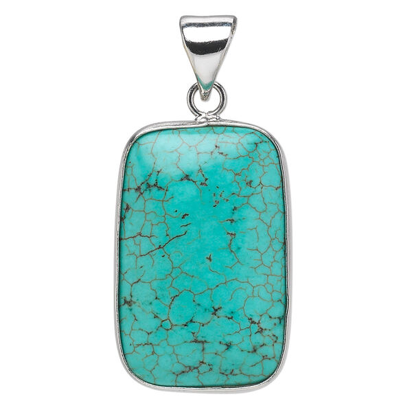 Pendant, magnesite (dyed / stabilized) and imitation rhodium-plated brass, blue, 29x19mm double-sided rectangle. Sold individually. image number 0