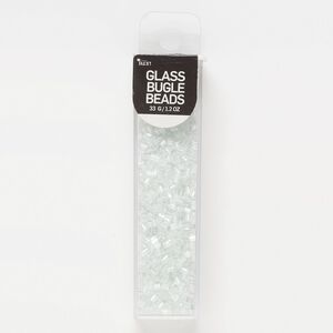 Bugle bead, glass, crystal clear, #1 round tube. Sold per 33-gram pkg.