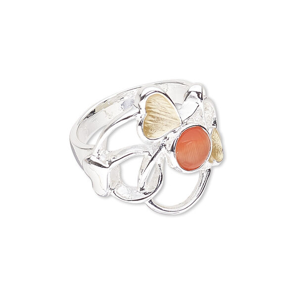 Ring, enamel / cat's eye glass / silver-plated "pewter" (zinc-based alloy), yellow and orange, 21mm wide with heart, size 8. Sold individually. image number 0