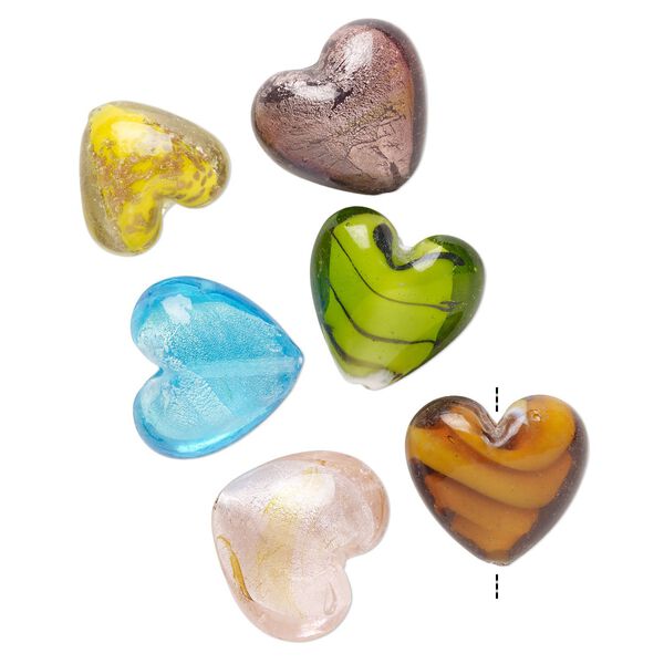 Bead mix, lampworked glass, pkg/6, opaque and translucent multicolored with silver-colored foil and copper-colored glitter, 25x24mm-31x30mm puffed heart. image number 0