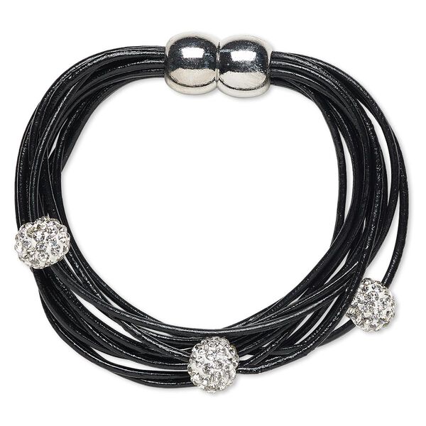 Bracelet, 10-strand, leather (dyed) / glass rhinestone / silver-finished "pewter" (zinc-based alloy), black and clear, 10mm round, 6-1/2 inches with magnetic clasp. Sold individually. image number 0