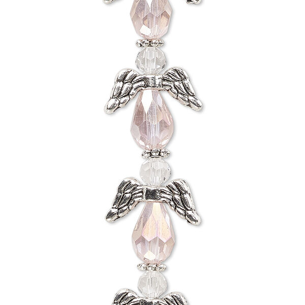 Bead, crystal and antique silver-plated "pewter" (zinc-based alloy), translucent pink AB and clear, 17x14mm angel. Sold per pkg of 6. image number 0