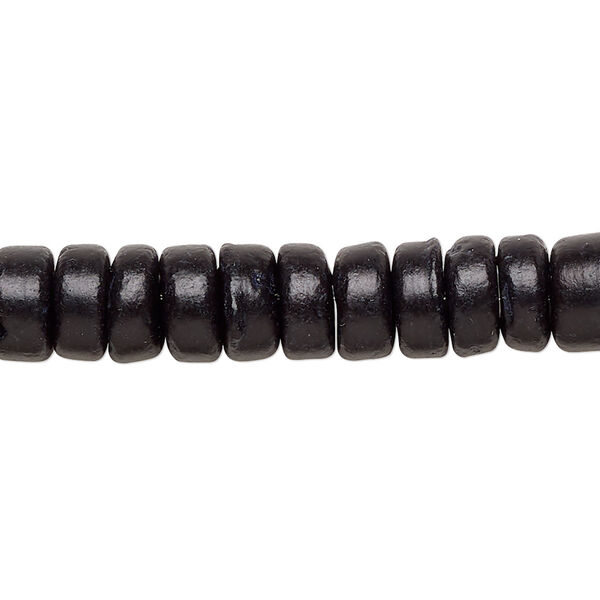 Bead, wood (dyed), black, 7x2mm-8x4.5mm hand-cut rondelle. Sold per pkg of (2) 15-1/2" to 16" strands. image number 0