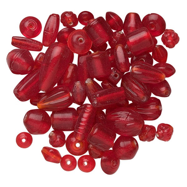 Bead mix, glass, transparent red, 7x4mm-21x11mm mixed shape. Sold per 50-gram package, approximately 60-100 beads. image number 0