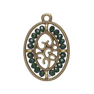 Drop, antique brass-finished "pewter" (zinc-based alloy), emerald green, 28x21.5mm oval with hearts and beaded border. Sold per pkg of 2.