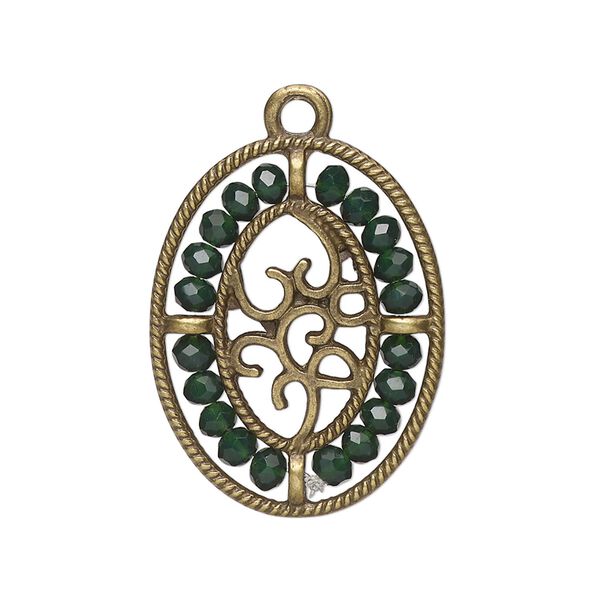 Drop, antique brass-finished "pewter" (zinc-based alloy), emerald green, 28x21.5mm oval with hearts and beaded border. Sold per pkg of 2. image number 0