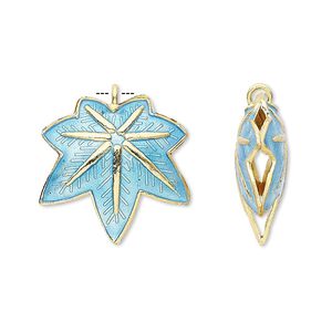 Charm, cloisonné, enamel and gold-finished copper, blue, 20x20mm double-sided maple leaf. Sold per pkg of 4.
