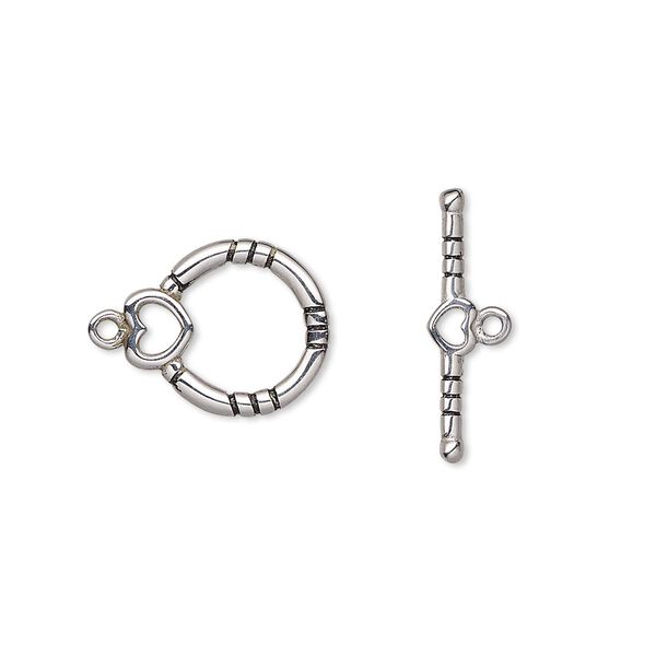 Clasp, toggle, enamel and stainless steel, black, 12mm round with heart and lines. Sold individually. image number 0
