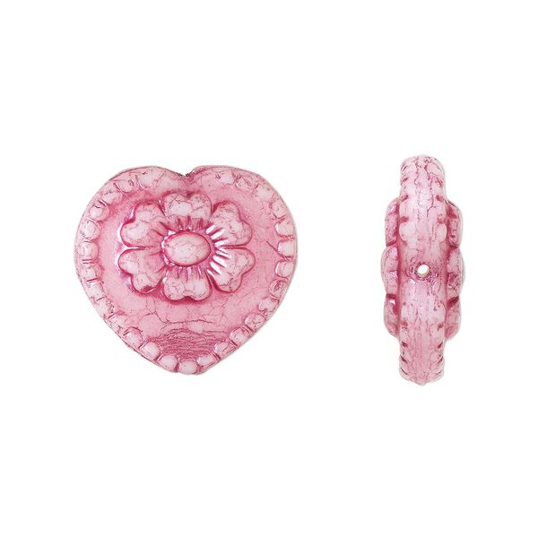 Bead, Preciosa Czech pressed glass, opaque alabaster, dark pink finish, 18x17mm heart. Sold per pkg of 5. image number 0