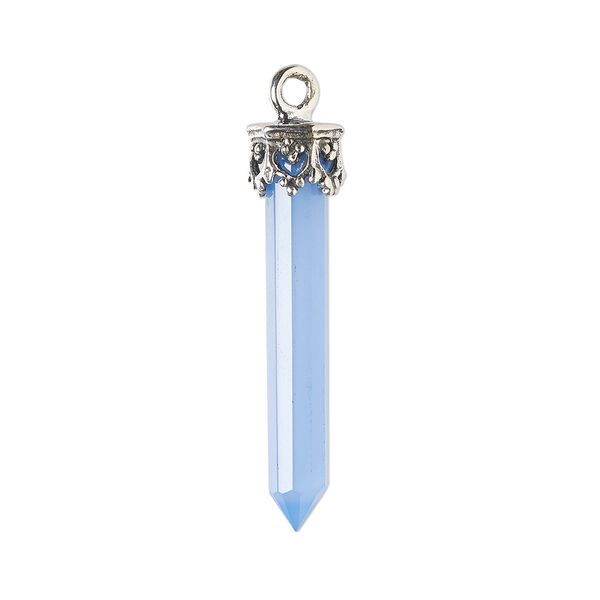 Drop, blue chalcedony (dyed) and antiqued sterling silver, blue, 20x4mm-26x6mm hand-cut 3D faceted point. Sold individually. image number 0
