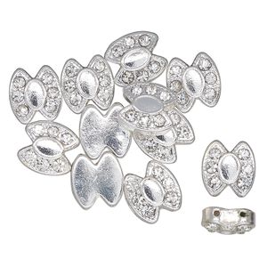 Bead, spacer, silver-finished "pewter" (zinc-based alloy) and glass, clear, 12.5x11.5mm 2-strand fancy oval, fits up to 6.5mm round beads. Sold per pkg of 12.