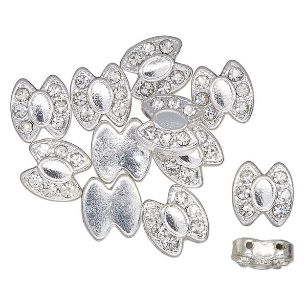 Bead, spacer, silver-finished "pewter" (zinc-based alloy) and glass, clear, 12.5x11.5mm 2-strand fancy oval, fits up to 6.5mm round beads. Sold per pkg of 12. image number 0