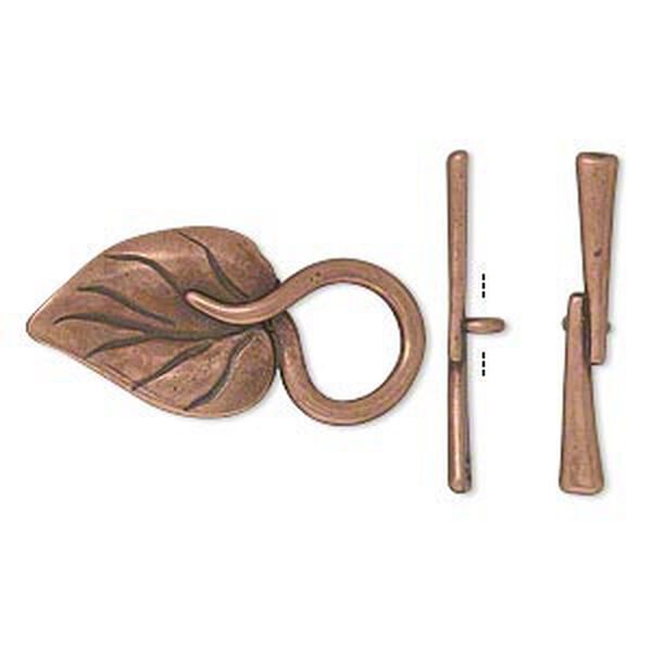 Clasp, JBB Findings, toggle, antique copper-plated pewter (tin-based alloy), 26.5x13mm single-sided leaf with hidden loop. Sold individually. image number 0