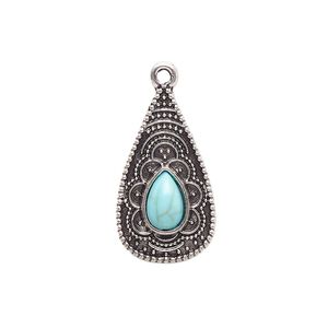 Drop, antique silver-finished "pewter" (zinc-based alloy) and "turquoise" (resin) (imitation), turquoise blue, 24x13.5mm single-sided teardrop. Sold per pkg of 4.