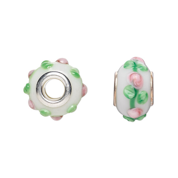 Bead, Dione®, lampworked glass with silver-plated steel grommets, white / pink / green, 14x10mm bumpy rondelle with flowers. Sold per pkg of 6. image number 0