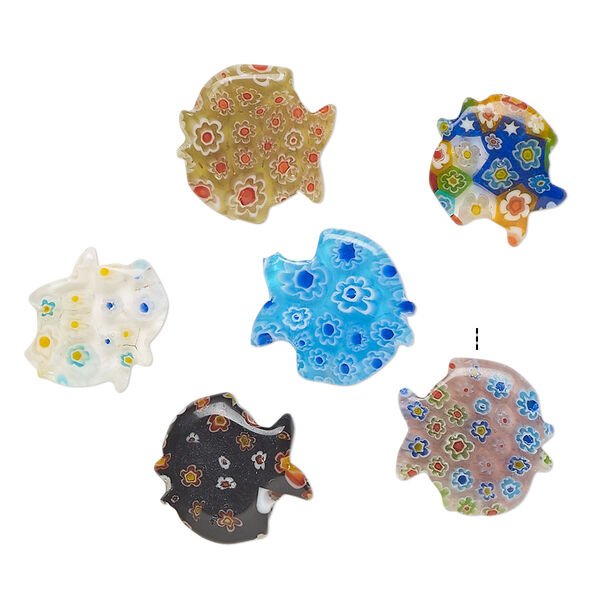 Bead, millefiori glass, translucent multicolored, 19x17mm-23x23mm half-drilled flat-sided fish. Sold per pkg of 6. image number 0